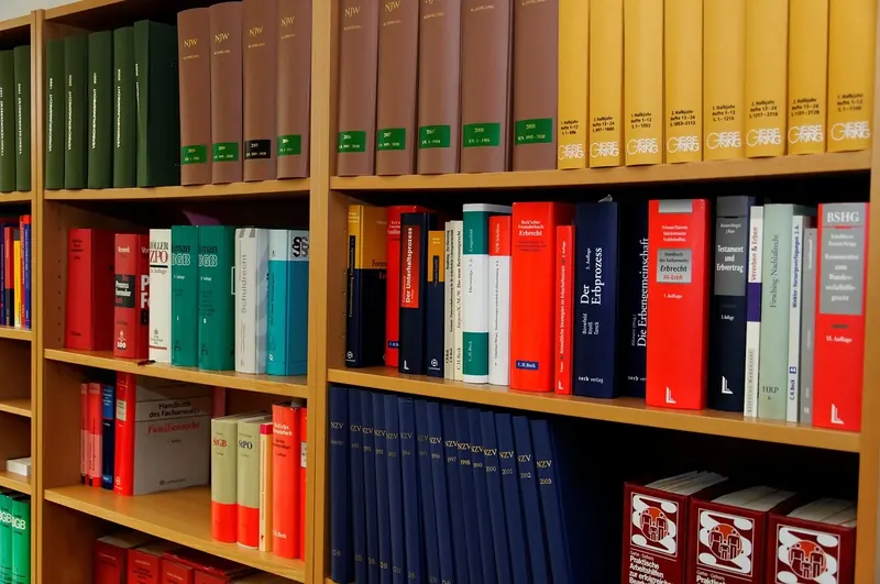 Symbolbild: Bücherregal einer Kanzlei mit deutschen Gesetzestexten und Kommentaren