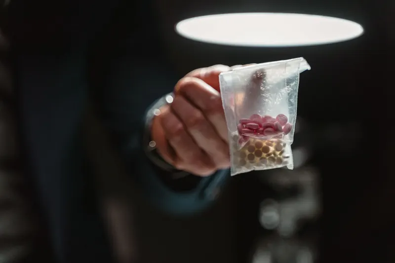 Symbolbild: Hand hält ein kleines Plastiktütchen mit Tabletten
